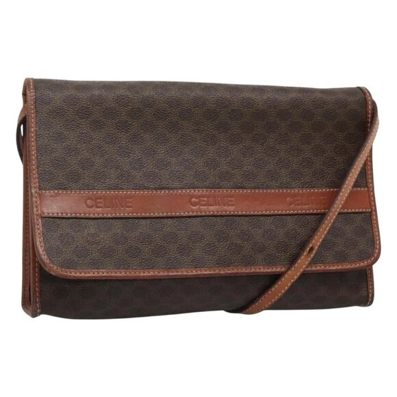 CELINE Macadam Canvas Shoulder Bag PVC Leather Brown Gold - Picture 1 of 16